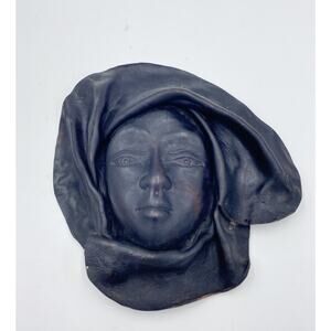 Vintage Female Face Sculpted Molded Leather Mask Wall Hanging Handmade 3D Art 8”